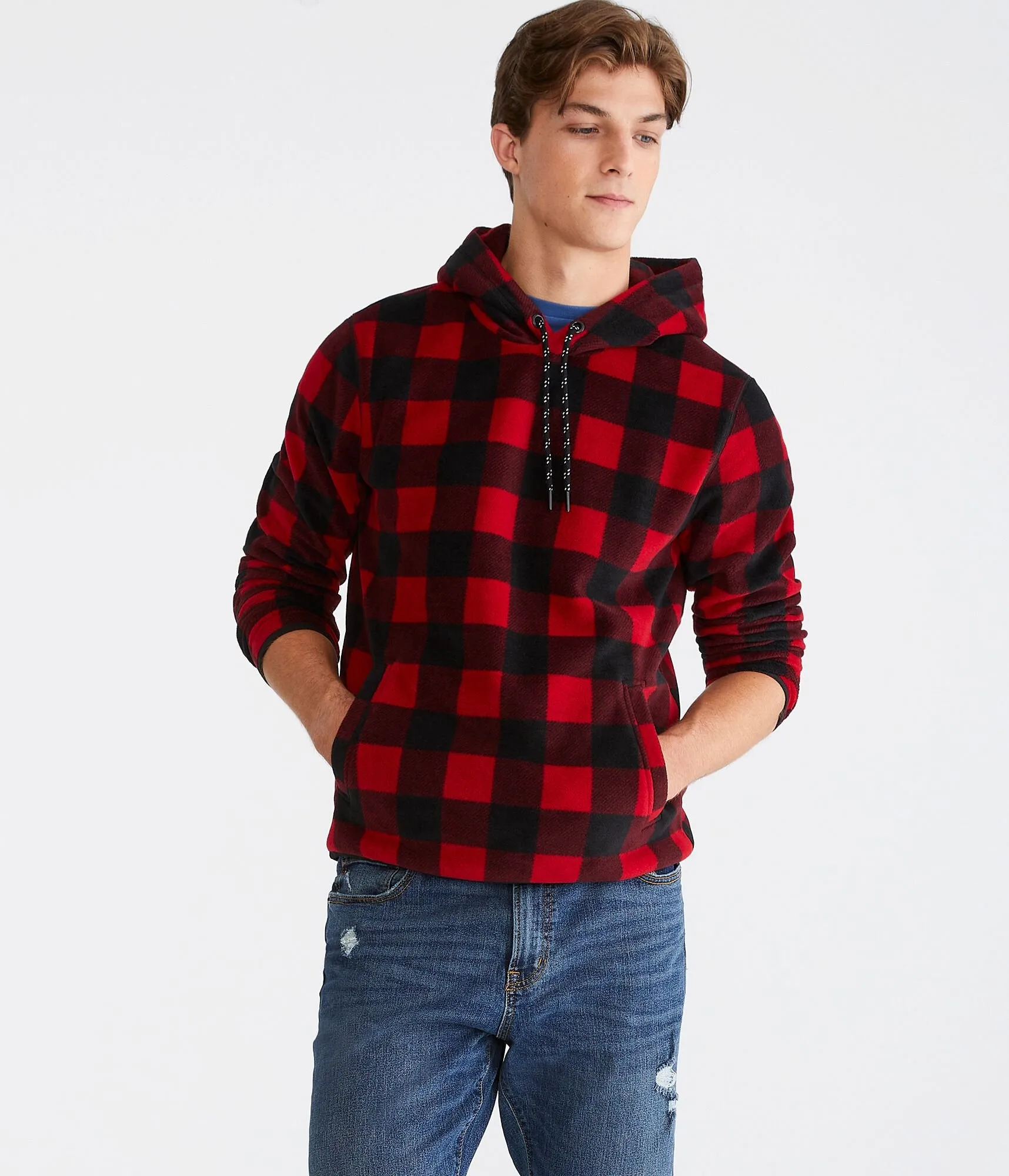 Aeropostale Mens' Alpine Buffalo Plaid Pullover Hoodie - Red - Size XS - Polyester - Teen Fashion & Clothing Spirit Red Aeropostale