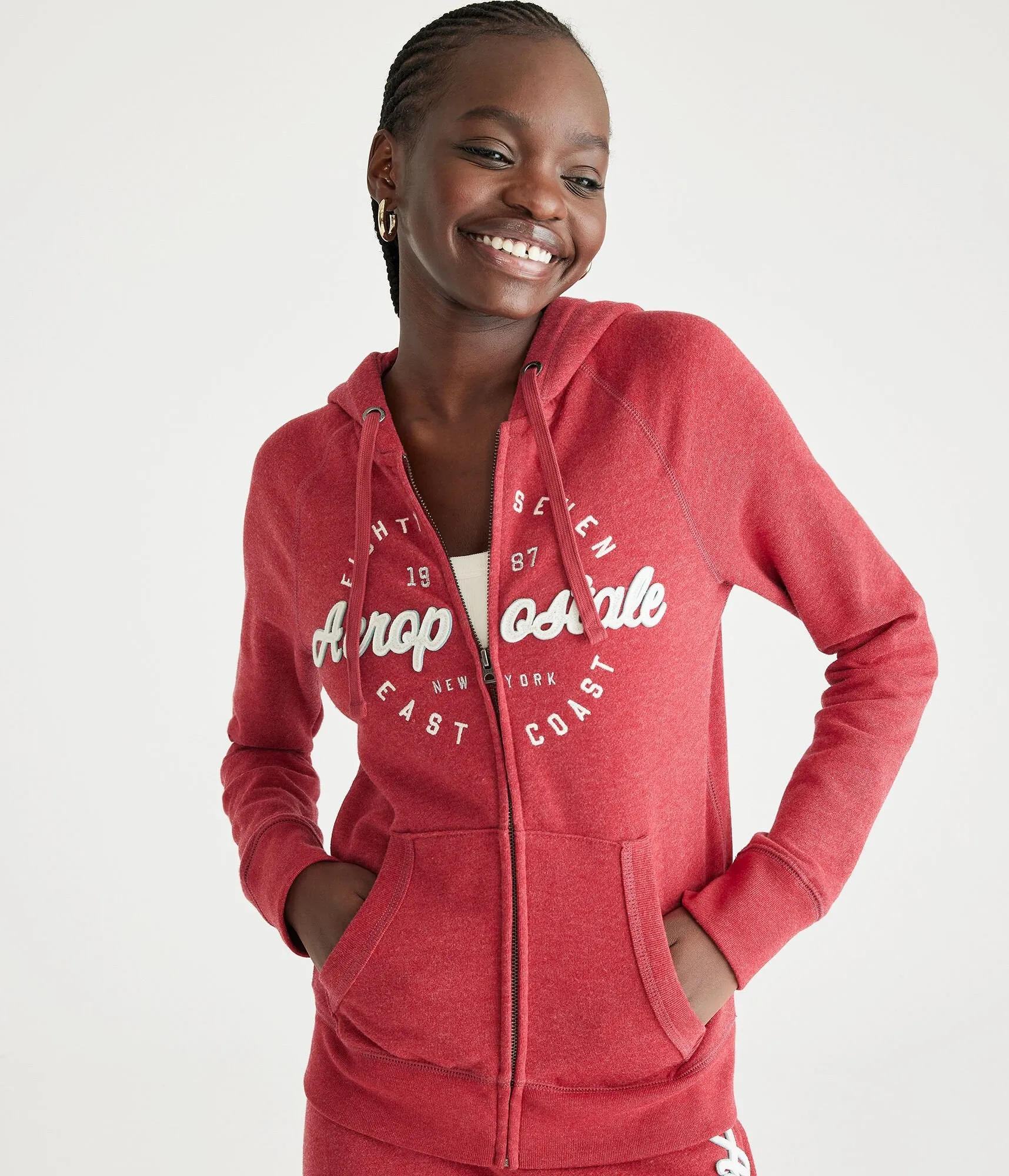 Aeropostale Womens' Aeropostale East Coast Full-Zip Hoodie - Dark Red - Size L - Cotton - Teen Fashion & Clothing Antique Wine Aeropostale