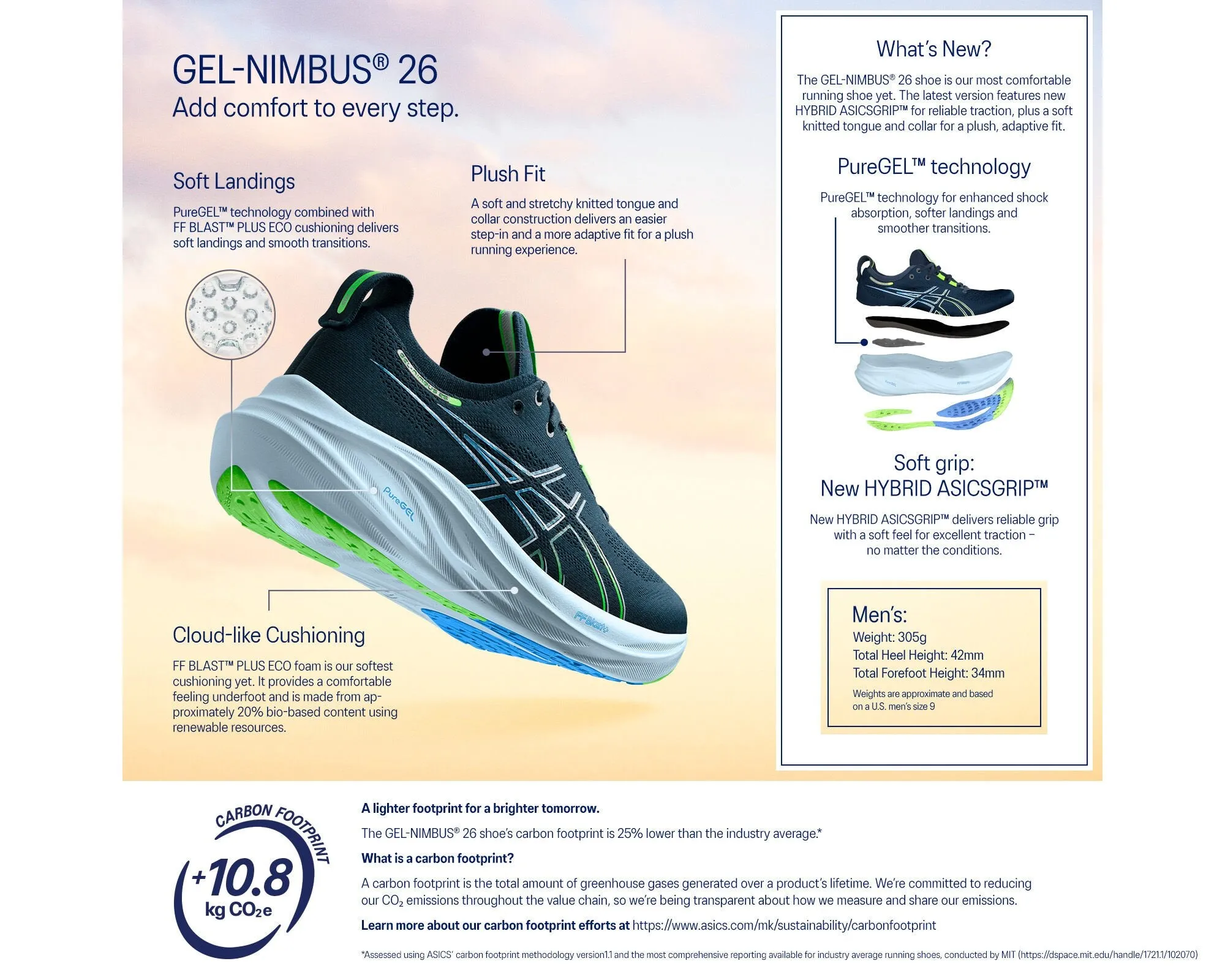 Asics Mens Gel Nimbus 26 - French Blue/Electric Lime (1011B794-400) Asics	Running Shoes