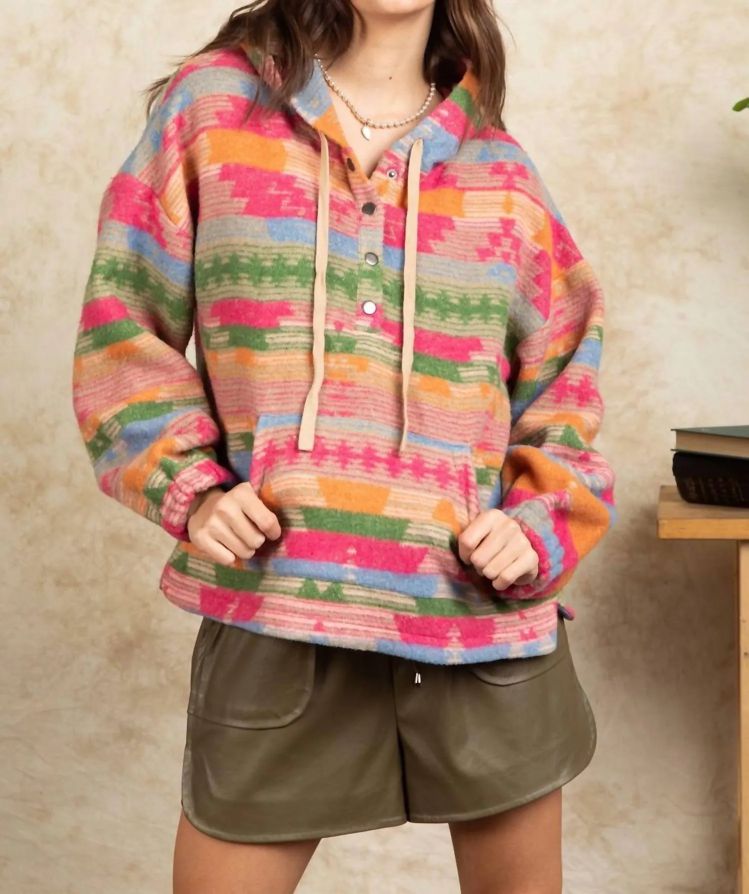 Aztec Print Snap Button Detail Hooded Top In Pink Mix