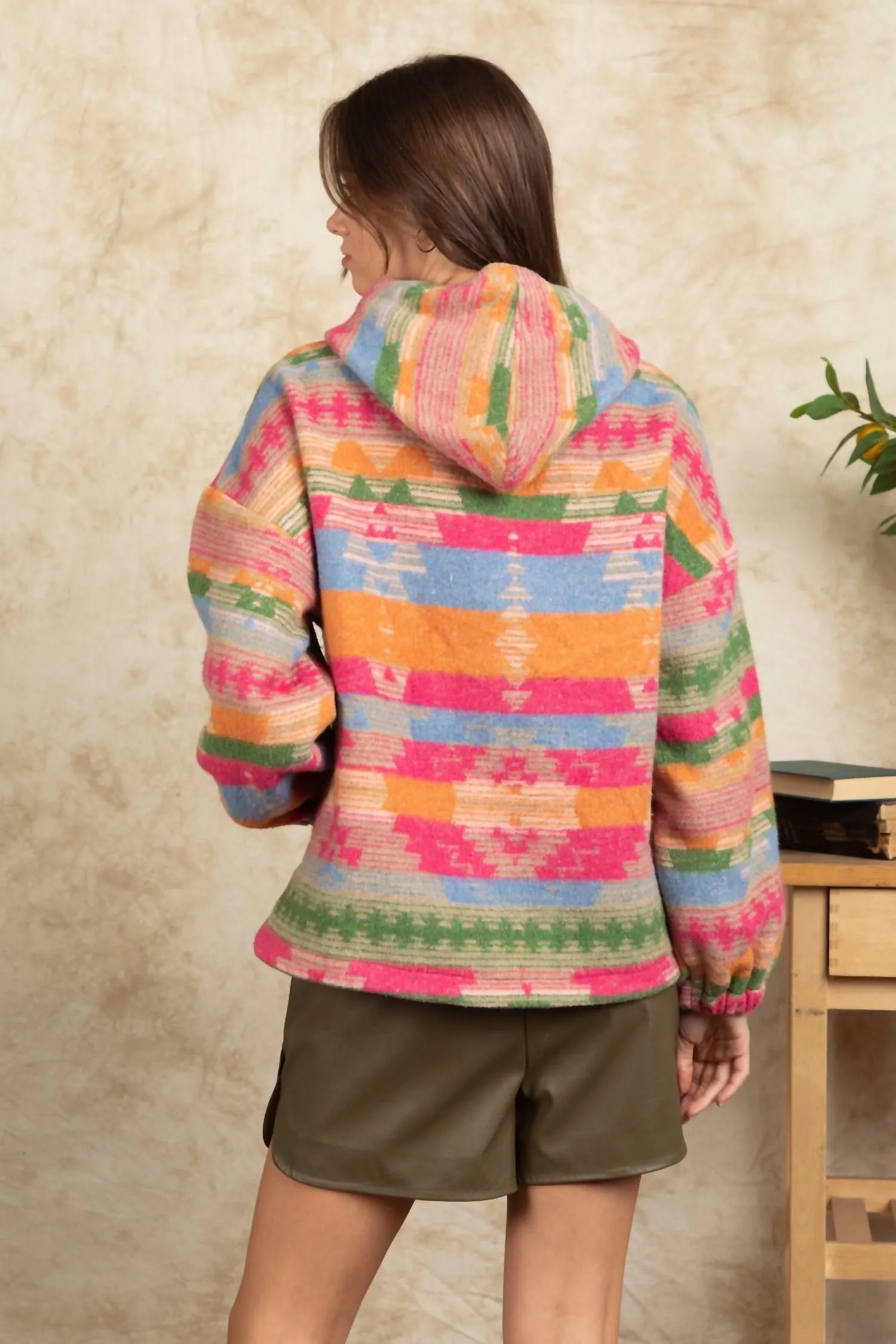 Aztec Print Snap Button Detail Hooded Top In Pink Mix