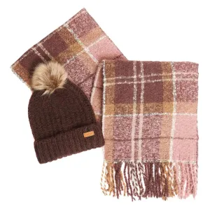 Barbour Womens Saltburn Beanie   Tartan Scarf Gift Set Chocolate Clothing Barbour