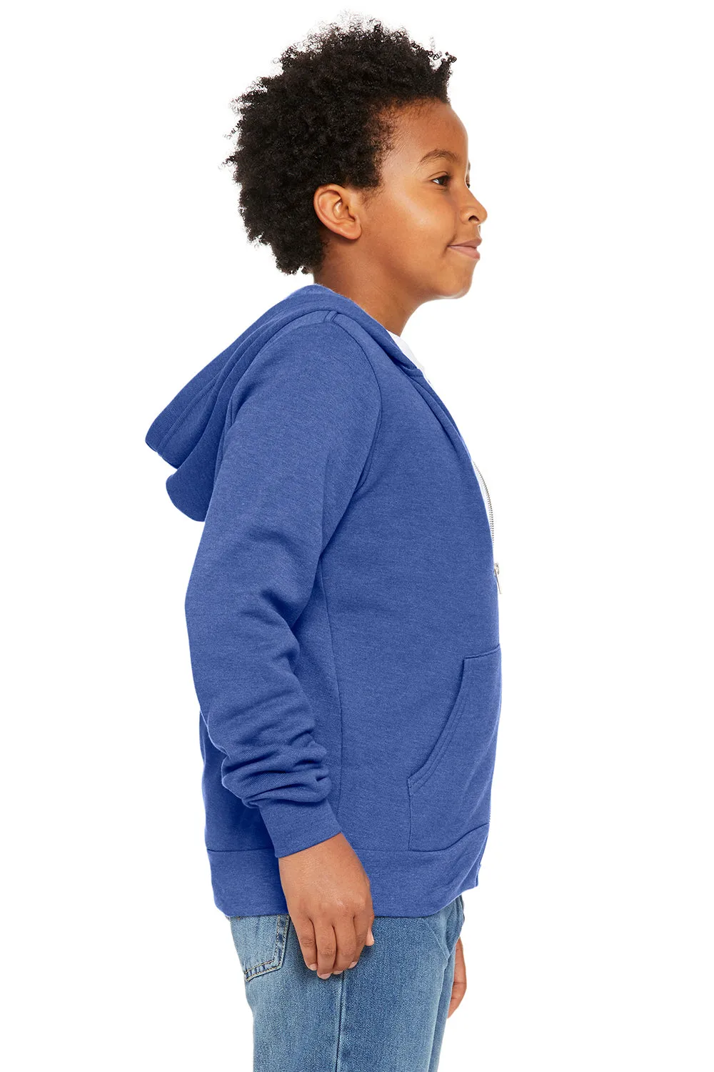 Bella   Canvas Youth Sponge Fleece Full Zip Hooded Sweatshirt Hoodie w/ Pockets - Heather True Royal Blue