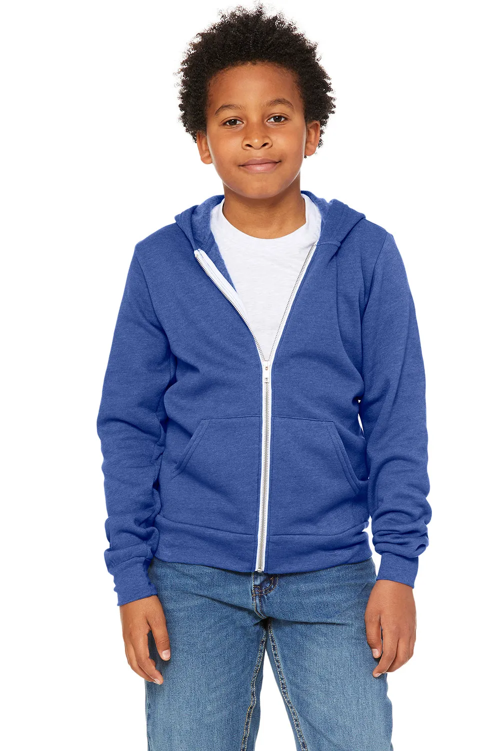 Bella   Canvas Youth Sponge Fleece Full Zip Hooded Sweatshirt Hoodie w/ Pockets - Heather True Royal Blue