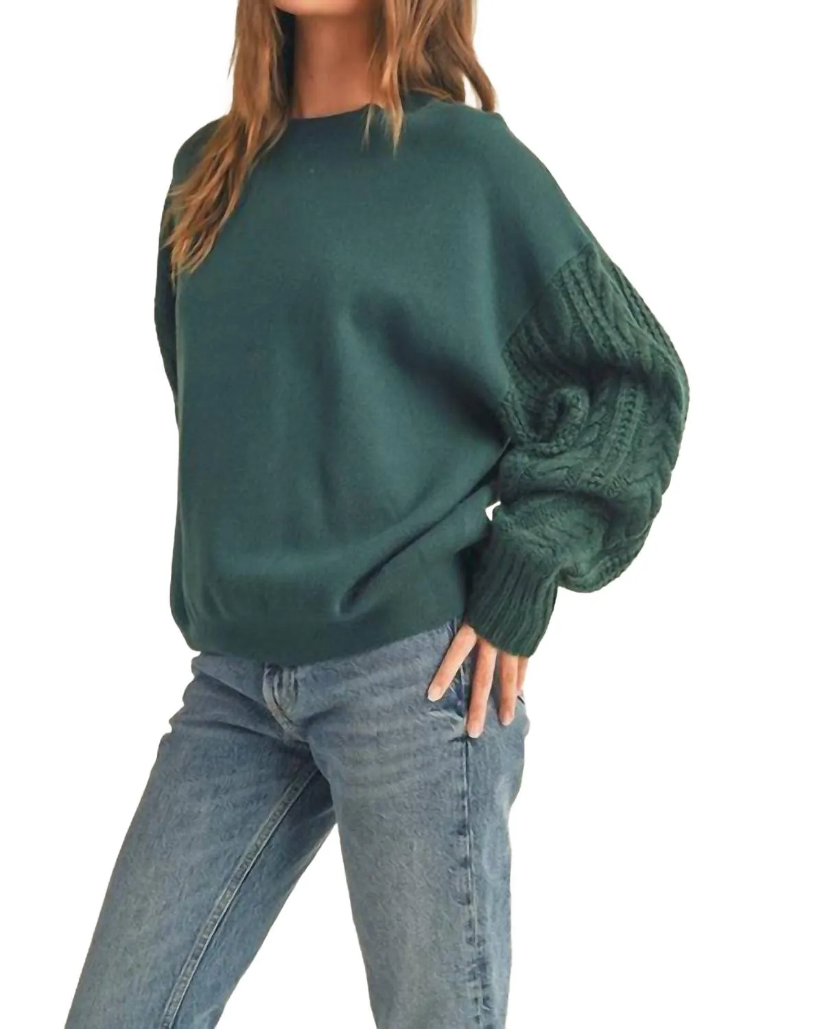 Cable Sleeve Sweatshirt In Forest Green