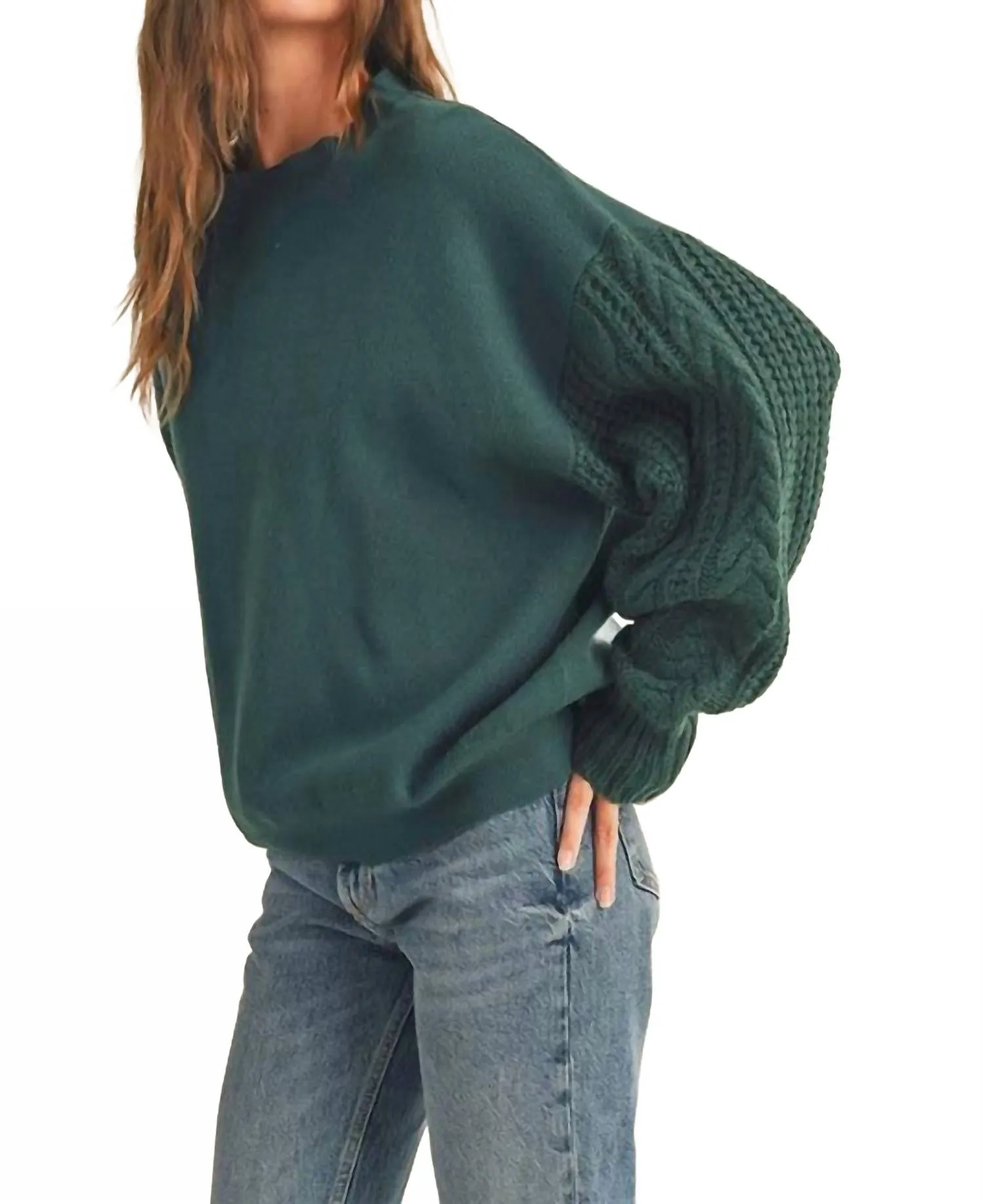 Cable Sleeve Sweatshirt In Forest Green