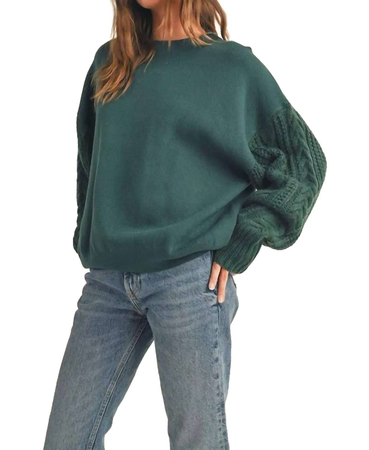 Cable Sleeve Sweatshirt In Forest Green