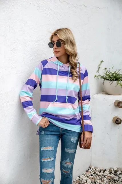 Casual Loose Ladies Pullovers  with Pocket and Hooded Top
