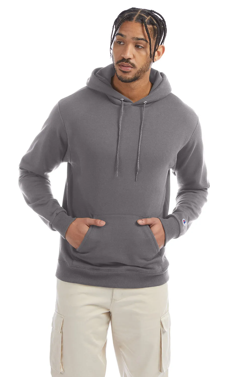 Champion Mens Double Dry Eco Moisture Wicking Fleece Hooded Sweatshirt Hoodie w/ Pouch Pocket - Stone Grey