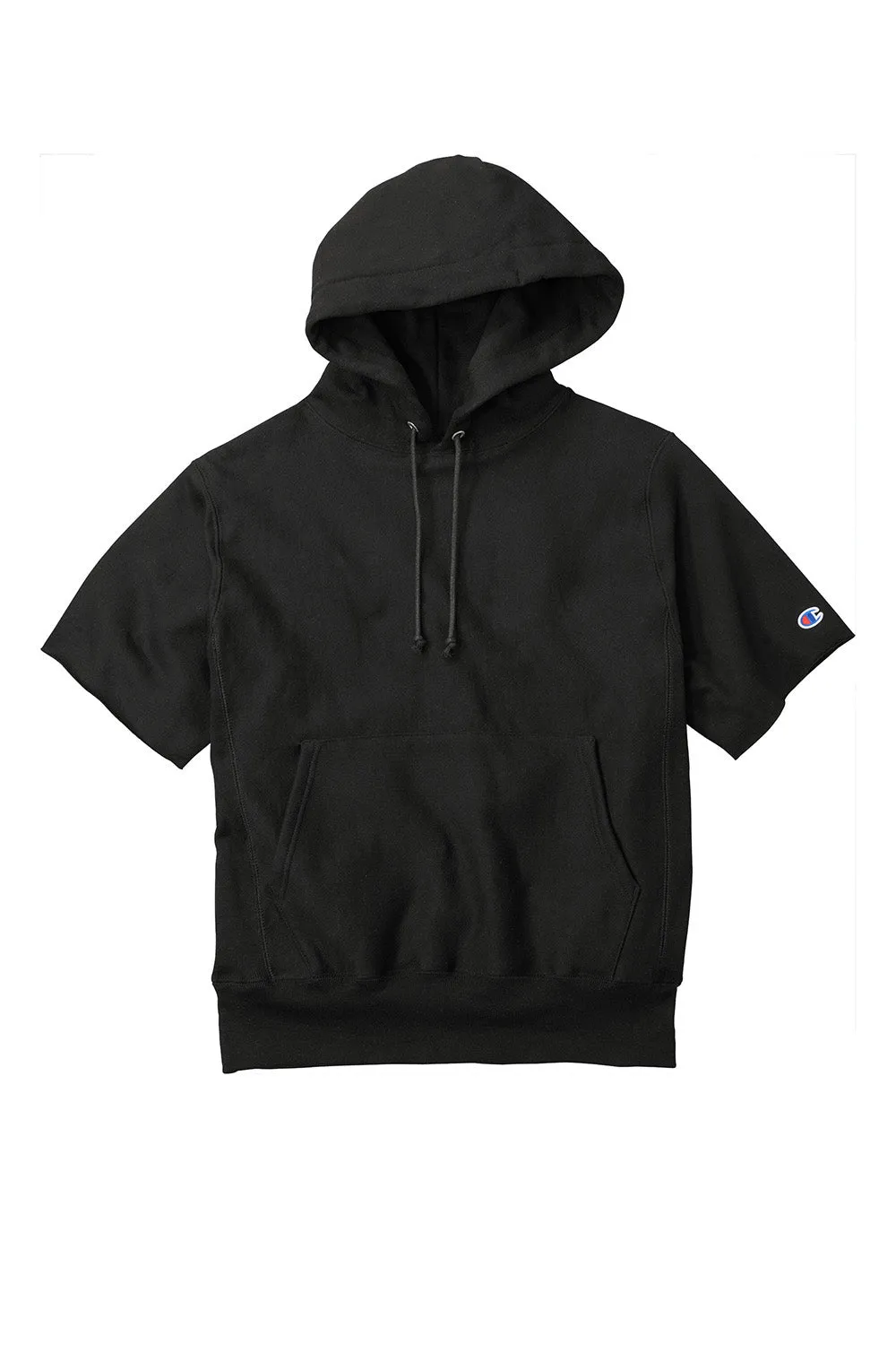 Champion Mens Reverse Weave Short Sleeve Hooded Sweatshirt Hoodie W/ Pouch Pocket - Black