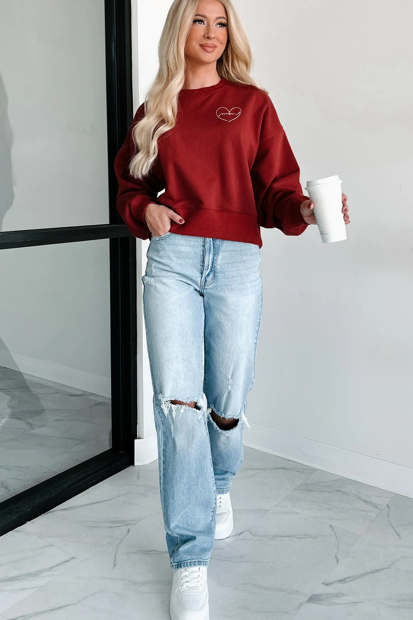 Connected By Heart "Mom" Heart Stitched Sweatshirt (Burgundy)