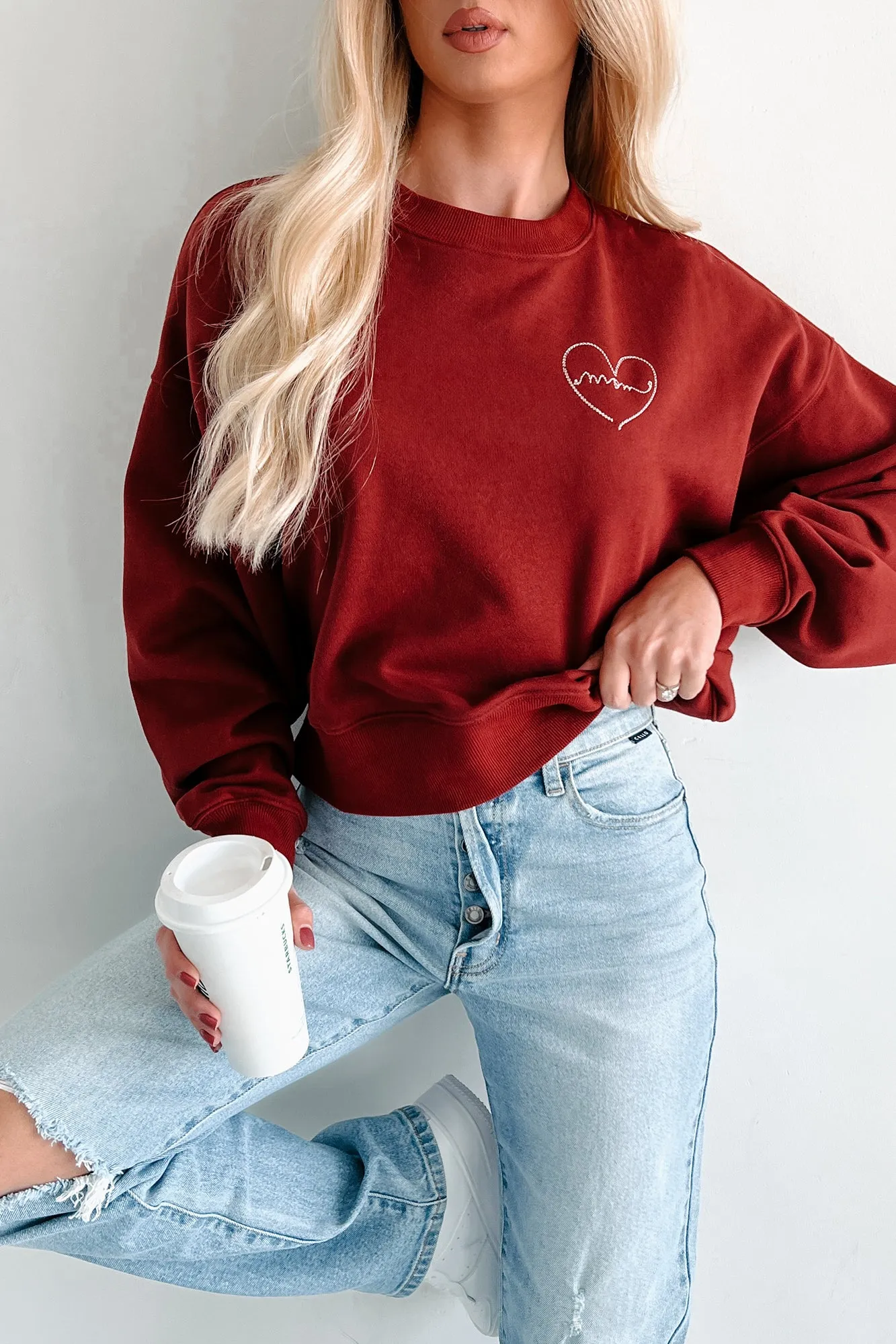 Connected By Heart "Mom" Heart Stitched Sweatshirt (Burgundy)