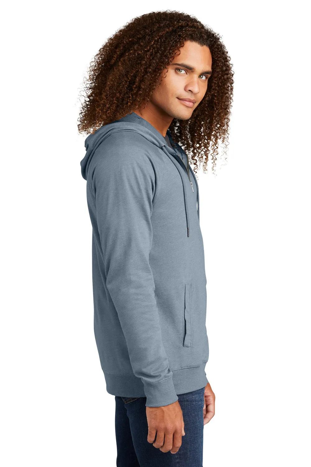 District Mens French Terry Full Zip Hooded Sweatshirt Hoodie w/ Pockets - Heather Flint Blue