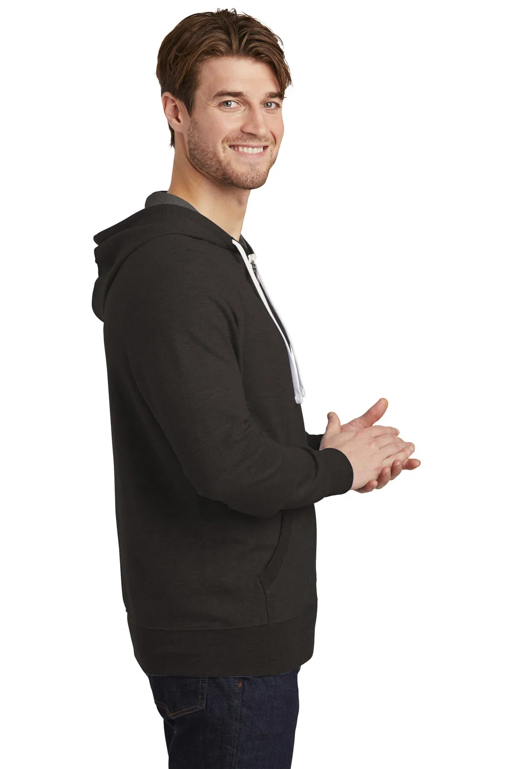 District Mens Perfect French Terry Full Zip Hooded Sweatshirt Hoodie w/ Pockets - Black - Closeout