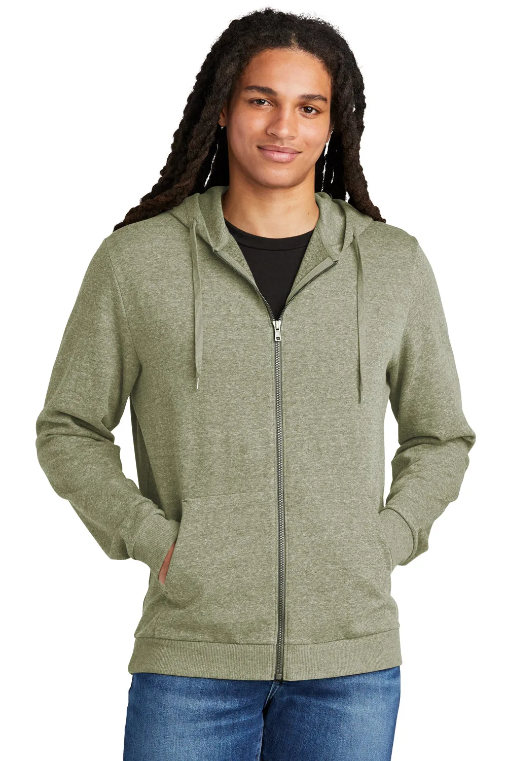 District Mens Perfect Tri Fleece Full Zip Hooded Sweatshirt Hoodie w/ Pockets - Military Green Frost