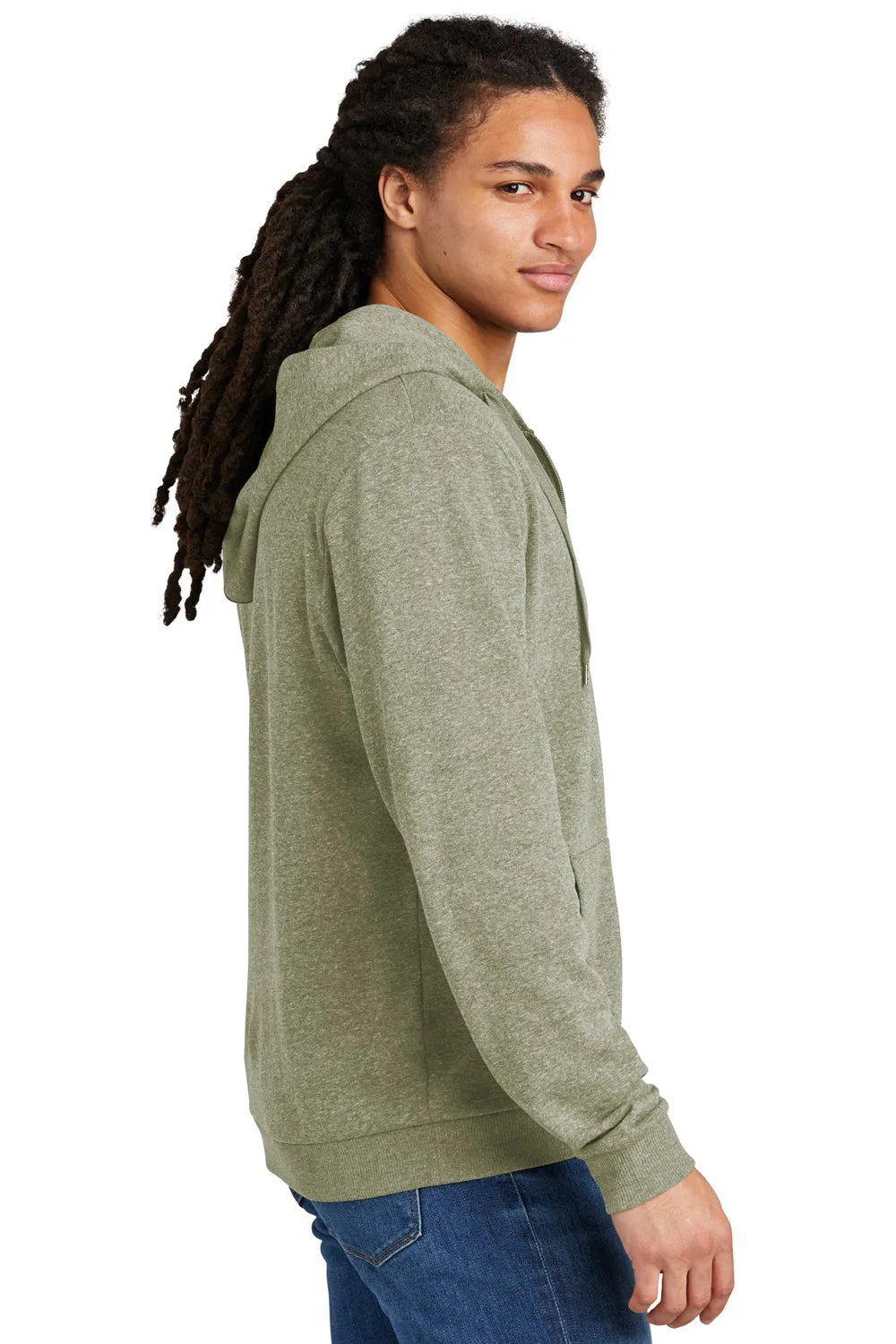 District Mens Perfect Tri Fleece Full Zip Hooded Sweatshirt Hoodie w/ Pockets - Military Green Frost