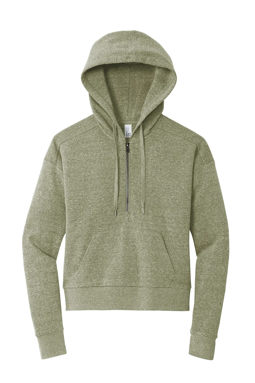 District Womens Perfect Tri Fleece 1/4 Zip Hooded Sweatshirt Hoodie w/ Pouch Pocket - Military Green Frost