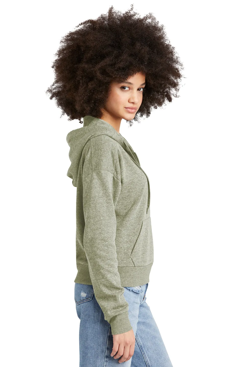 District Womens Perfect Tri Fleece 1/4 Zip Hooded Sweatshirt Hoodie w/ Pouch Pocket - Military Green Frost