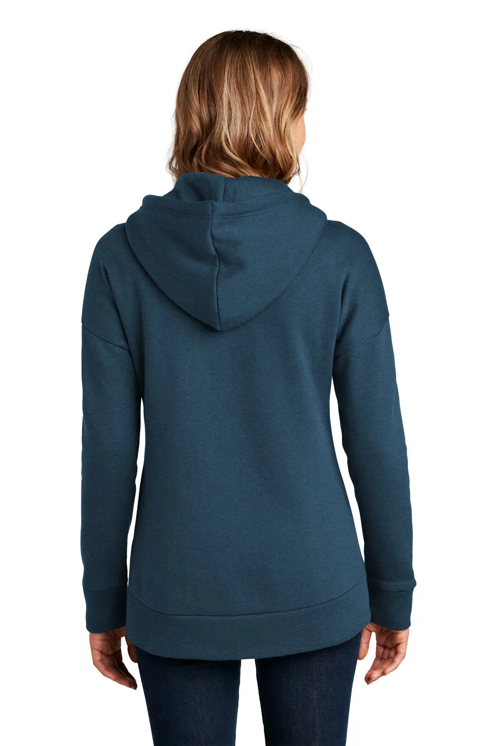 District Womens Perfect Weight Fleece Full Zip Hooded Sweatshirt Hoodie w/ Pockets - Heather Poseidon Blue - Closeout