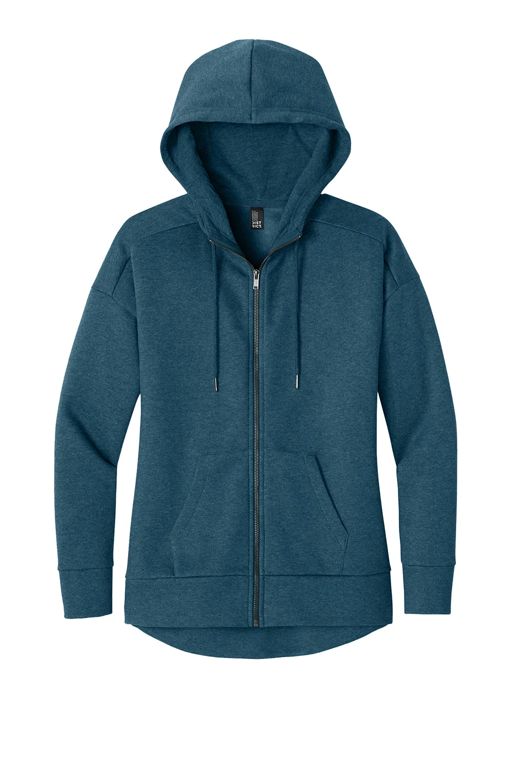 District Womens Perfect Weight Fleece Full Zip Hooded Sweatshirt Hoodie w/ Pockets - Heather Poseidon Blue - Closeout