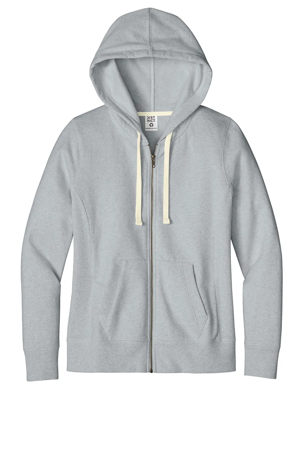 District Womens Re-Fleece Full Zip Hooded Sweatshirt Hoodie w/ Pockets - Heather Light Grey