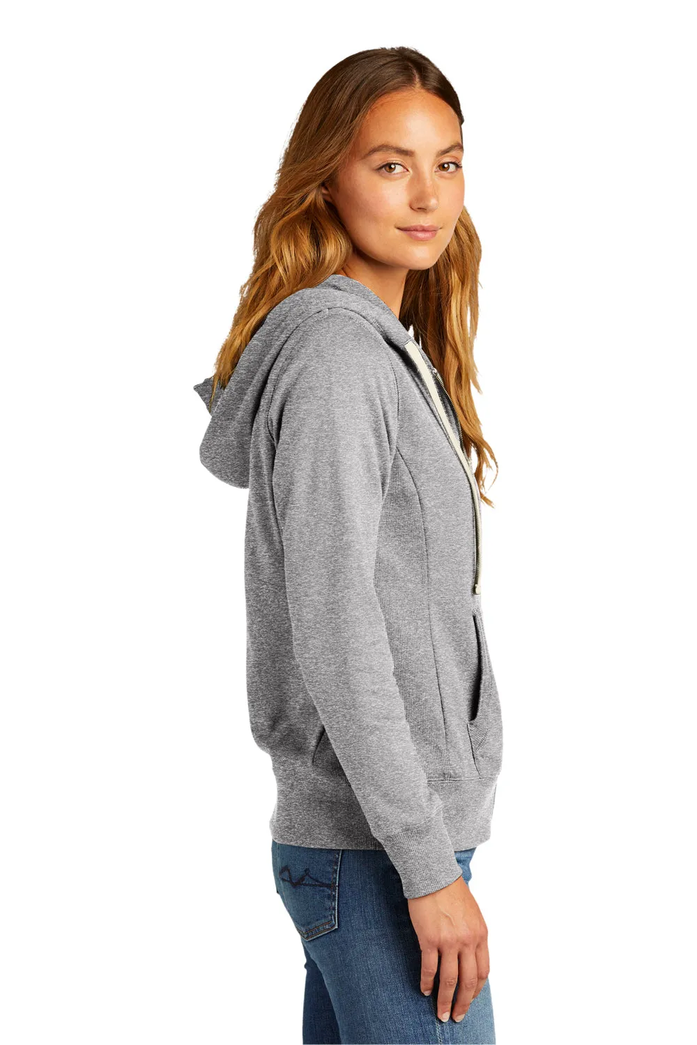 District Womens Re-Fleece Full Zip Hooded Sweatshirt Hoodie w/ Pockets - Heather Light Grey