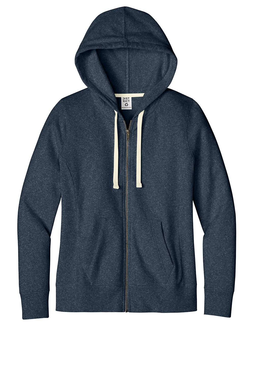 District Womens Re-Fleece Full Zip Hooded Sweatshirt Hoodie w/ Pockets - Heather Navy Blue