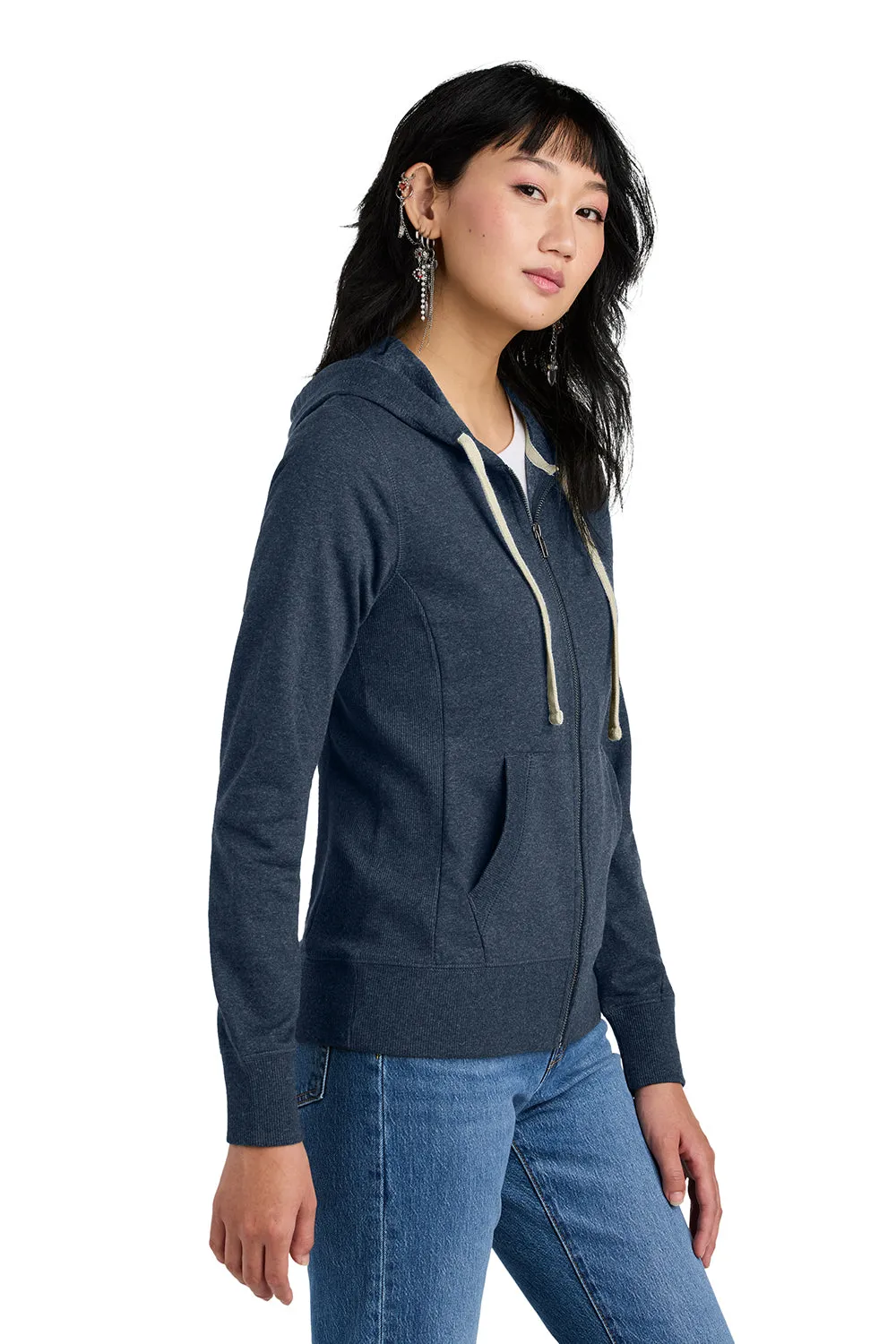 District Womens Re-Fleece Full Zip Hooded Sweatshirt Hoodie w/ Pockets - Heather Navy Blue
