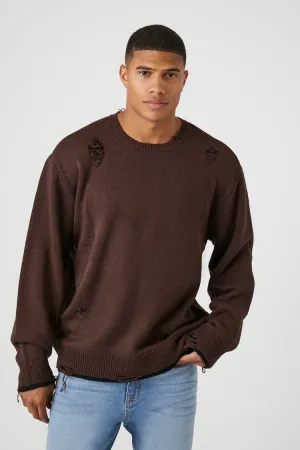 Forever 21 Knit Men's Distressed Ribbed-Trim Sweater Cocoa/Black Forever 21
