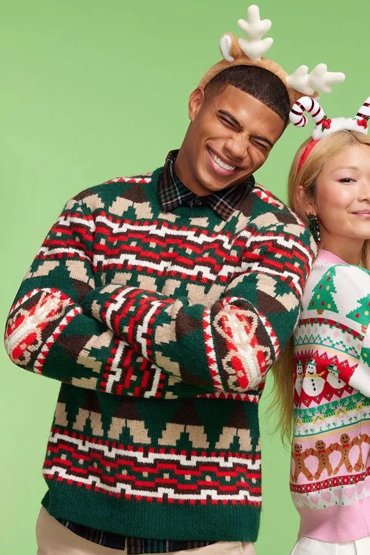 Forever 21 Knit Men's Geo Fair Isle Sweater Green/Multi Forever 21