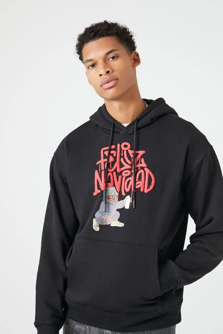 Forever 21 Men's Feliz Navidad Graphic Hoodie Sweatshirt Black/Multi Forever 21