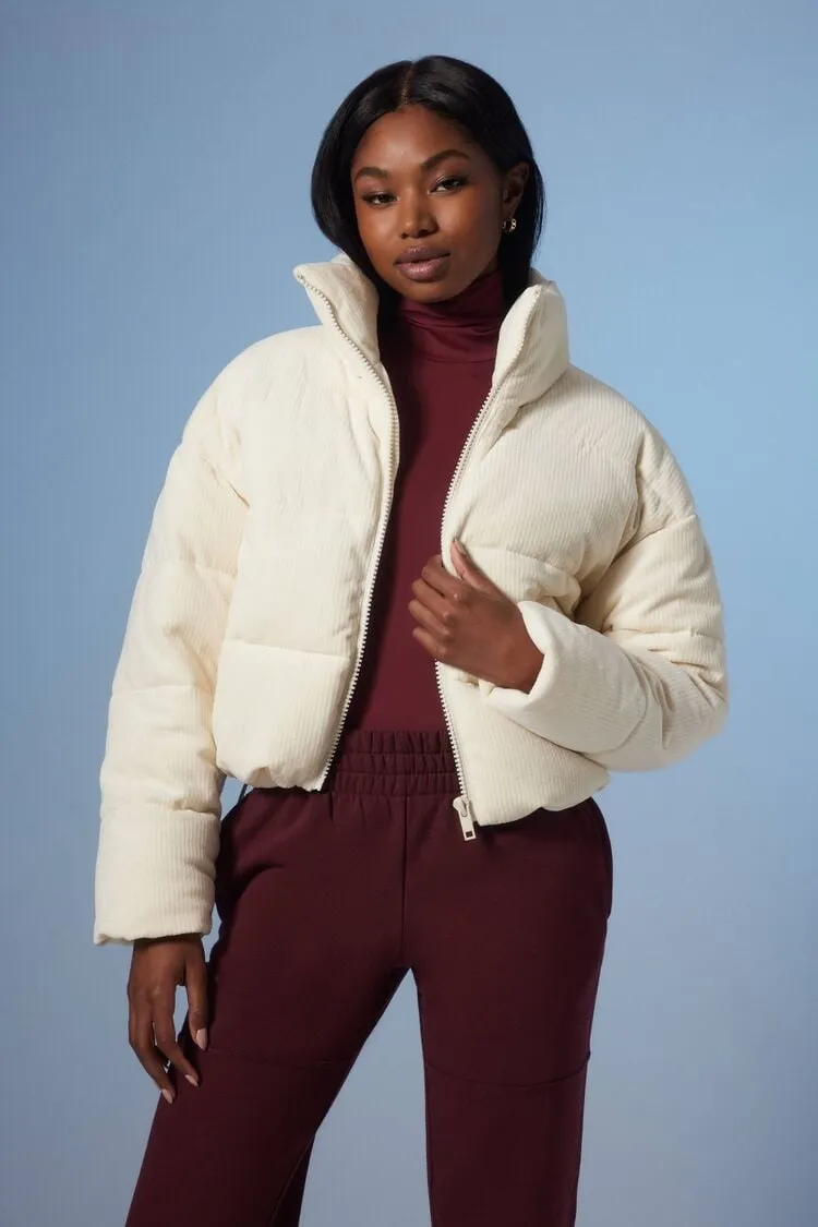 Forever 21 Women's Active Corduroy Puffer Bubble Coat Jacket Vanilla Forever 21