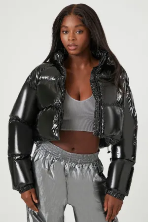 Forever 21 Women's Active Cropped Puffer Bubble Coat Jacket Black Forever 21