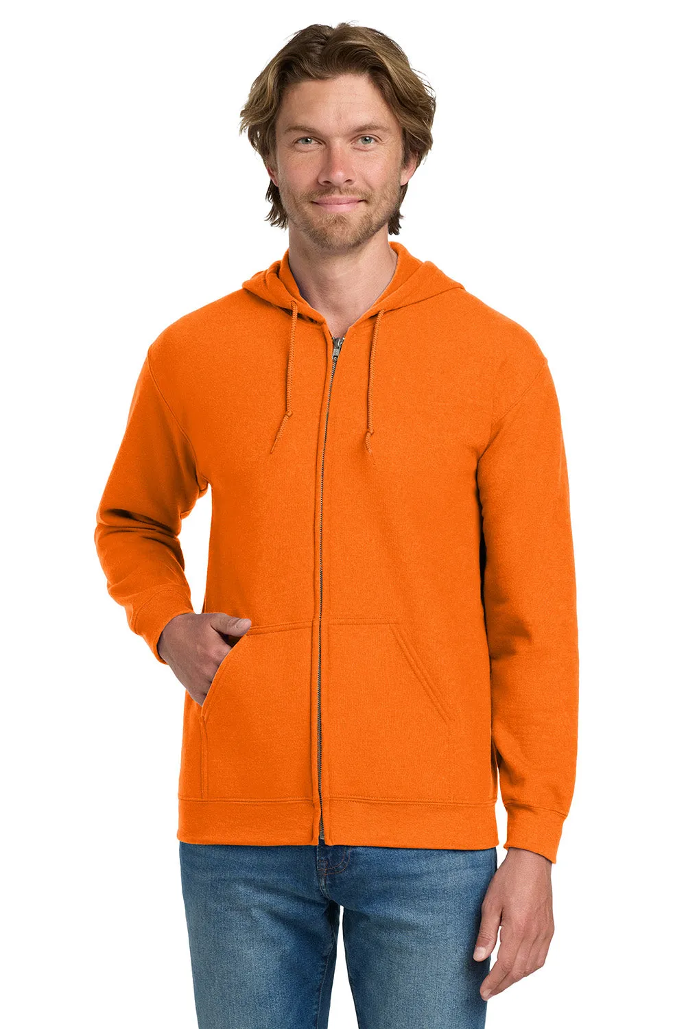 Gildan Mens Pill Resistant Full Zip Hooded Sweatshirt Hoodie w/ Pockets - Safety Orange