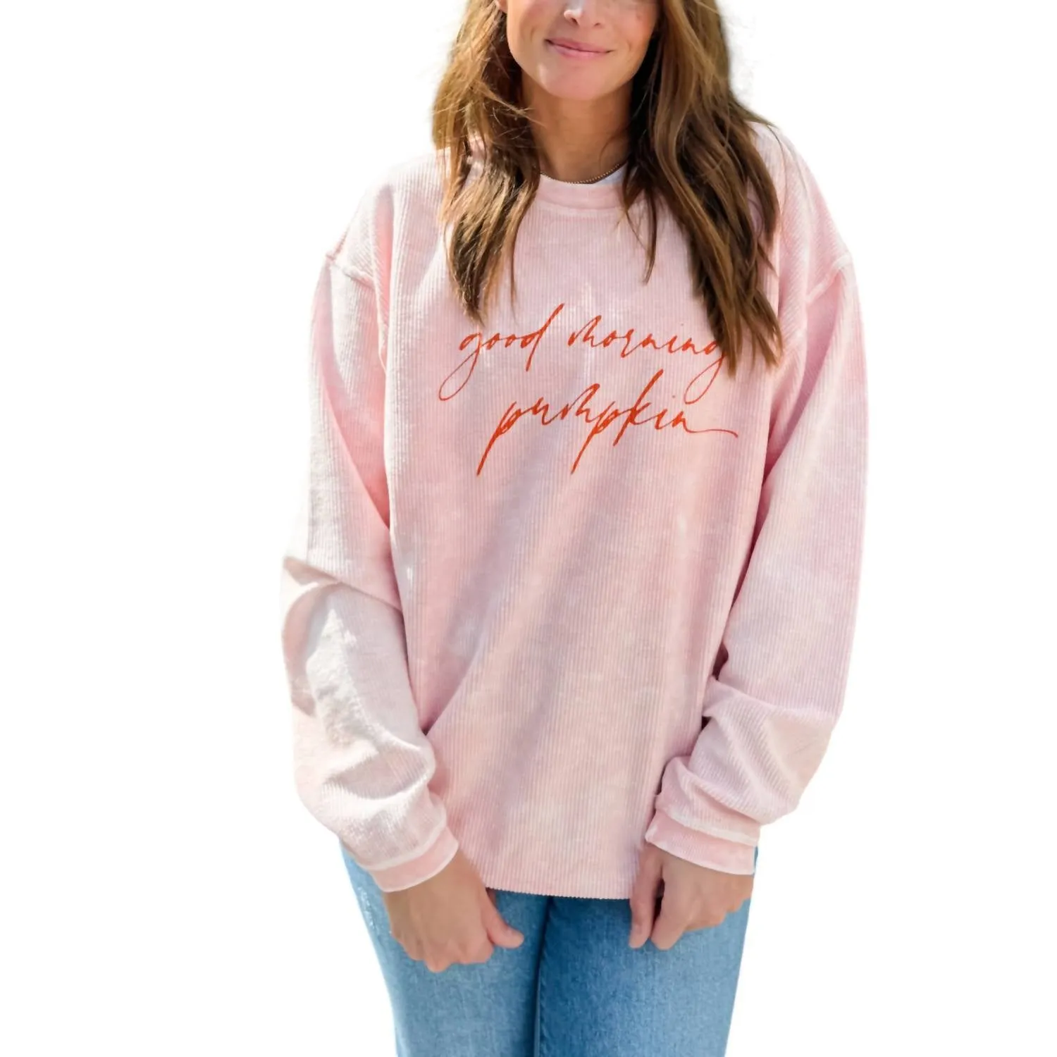 Good Morning Pumpkin Corded Crew Sweatshirt In Soft Pink
