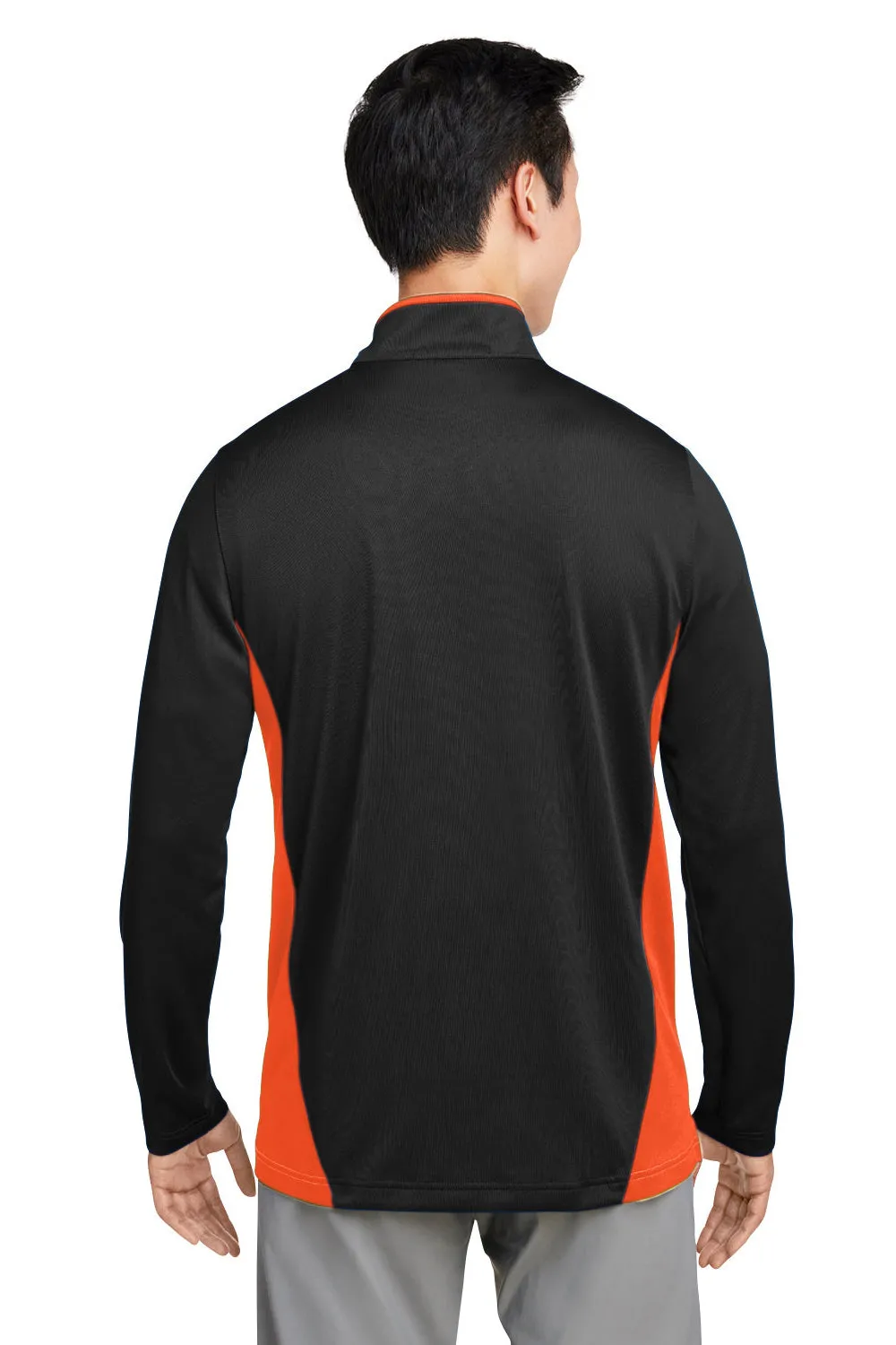 Harriton Mens Flash Performance Moisture Wicking Colorblock 1/4 Zip Sweatshirt - Black/Team Orange