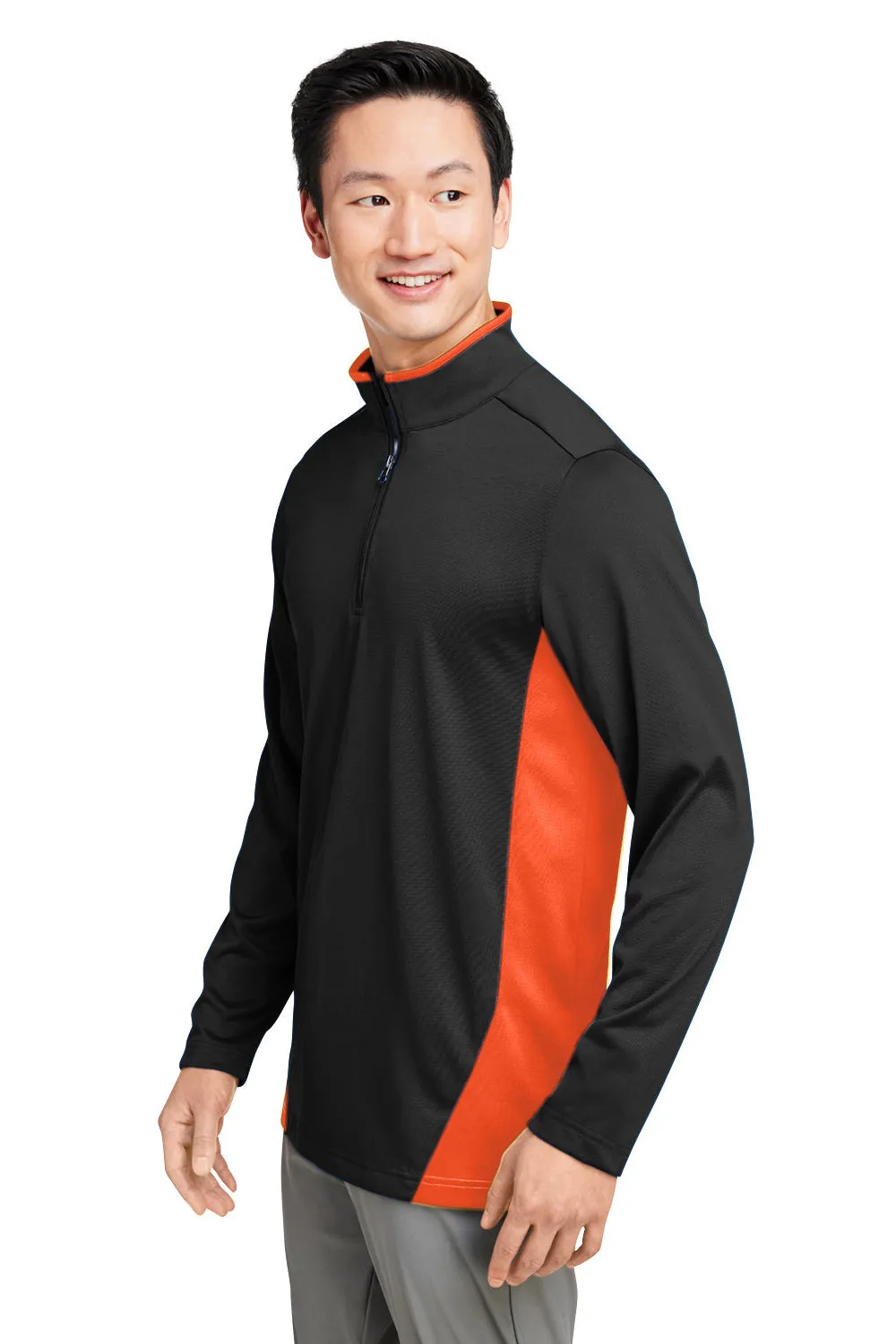 Harriton Mens Flash Performance Moisture Wicking Colorblock 1/4 Zip Sweatshirt - Black/Team Orange