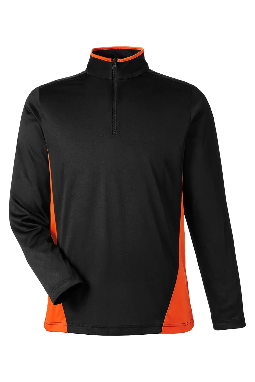 Harriton Mens Flash Performance Moisture Wicking Colorblock 1/4 Zip Sweatshirt - Black/Team Orange