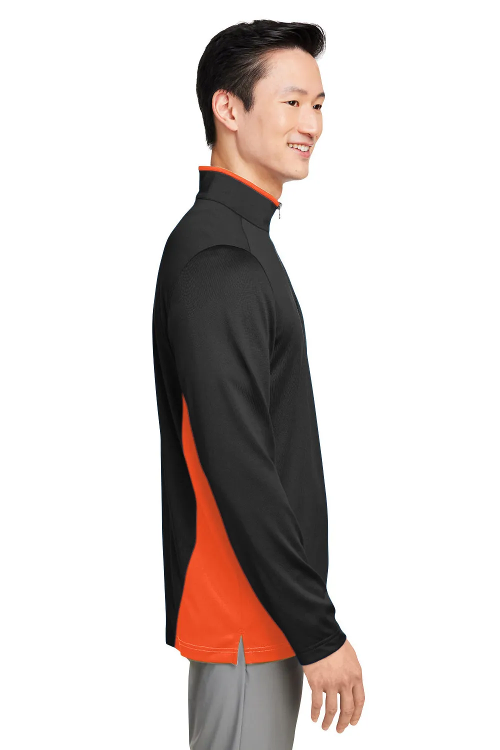 Harriton Mens Flash Performance Moisture Wicking Colorblock 1/4 Zip Sweatshirt - Black/Team Orange