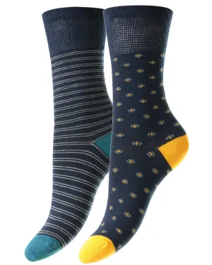 HJ Hall Daisy & Stripe Bamboo Comfort Top Socks | Twin Pack HJ Accessories