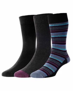 HJ Hall Stripe and Plain Socks 3 Pair Pack HJ Accessories