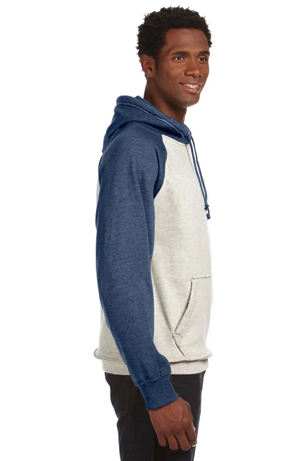 J America Mens Vintage Heather Hooded Sweatshirt Hoodie w/ Pouch Pocket - Oatmeal/Vintage Navy Blue