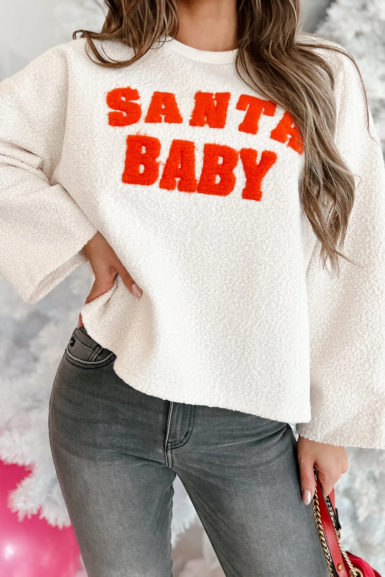 Just You For Christmas "Santa Baby" Sherpa Sweatshirt (Ivory/Orange)
