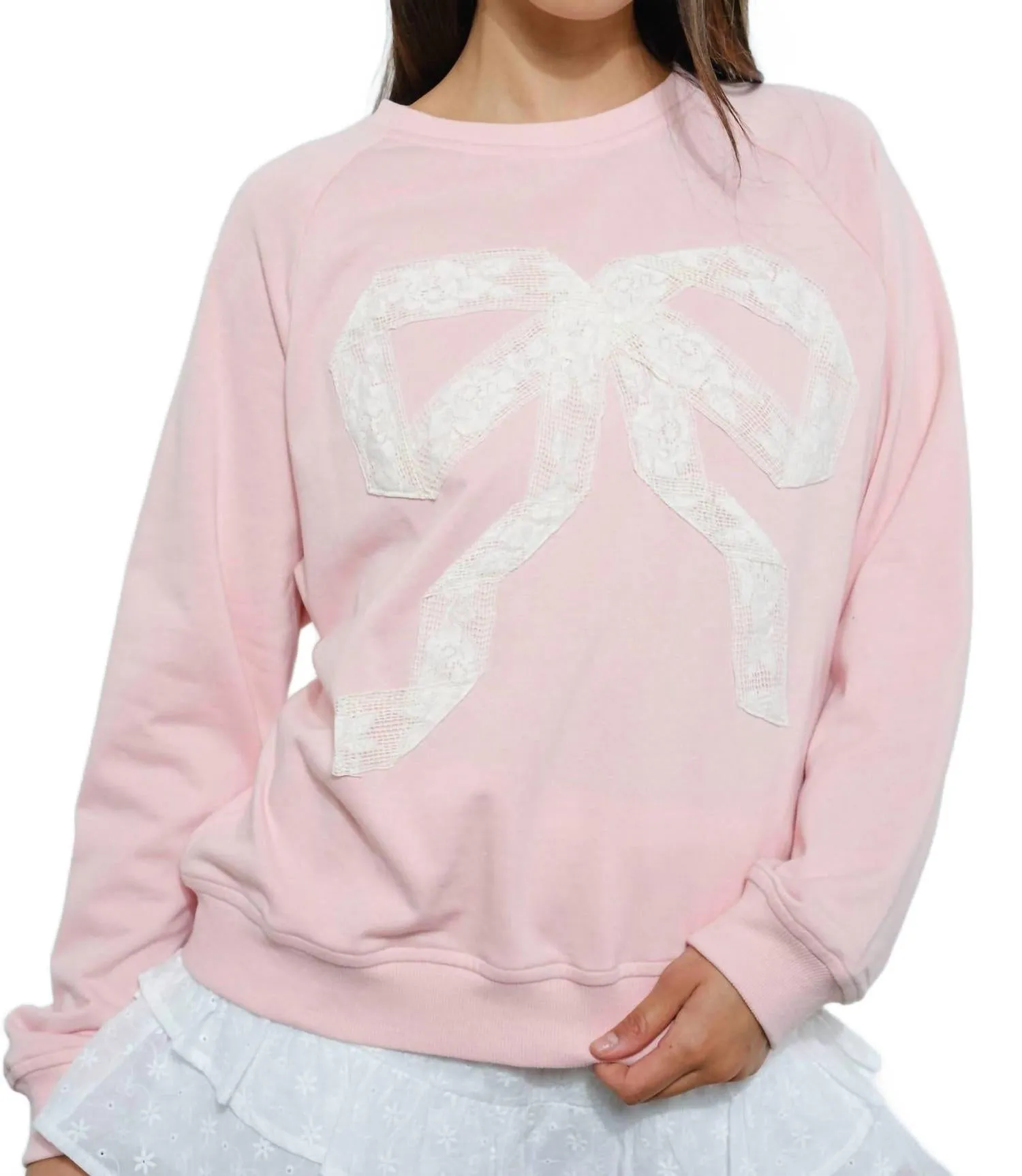 Lace Bow Sweatshirt In Light Pink