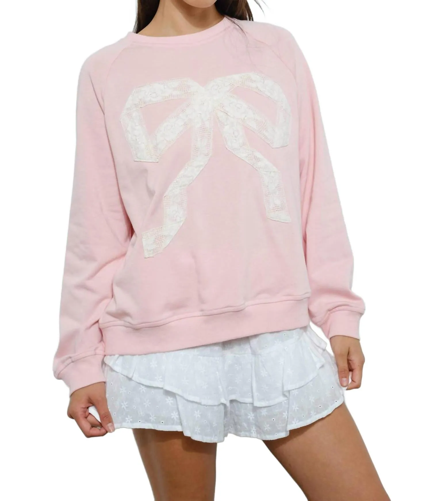 Lace Bow Sweatshirt In Light Pink