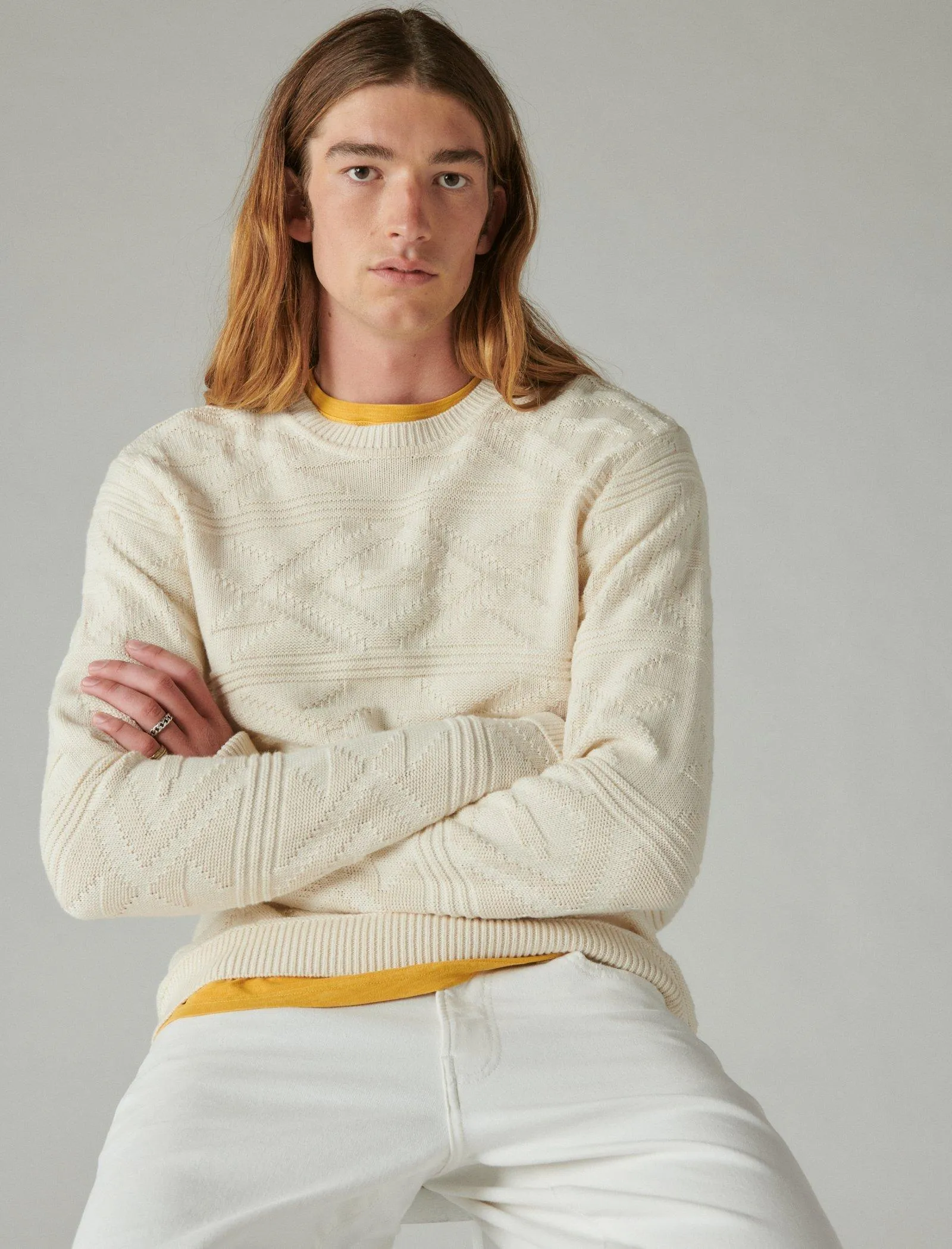 Lucky Brand Textured Crew Neck Sweater Straw Heather Lucky Brand