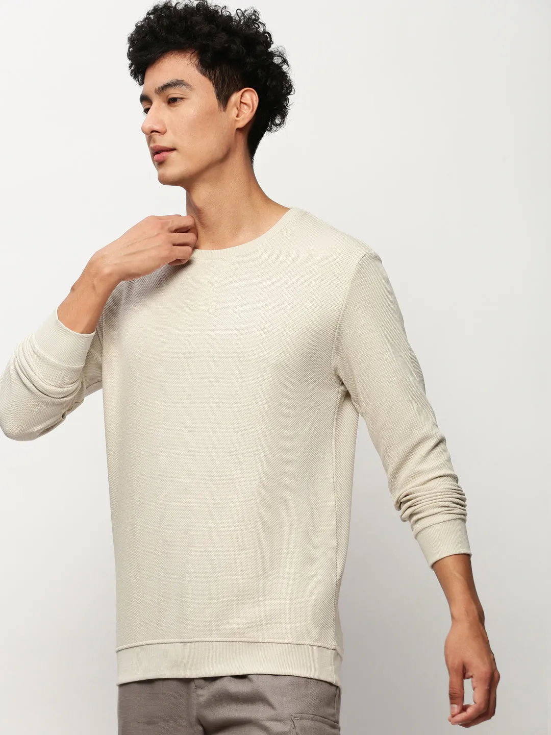 Men Beige Round Neck Long Sleeves Cotton Pullover