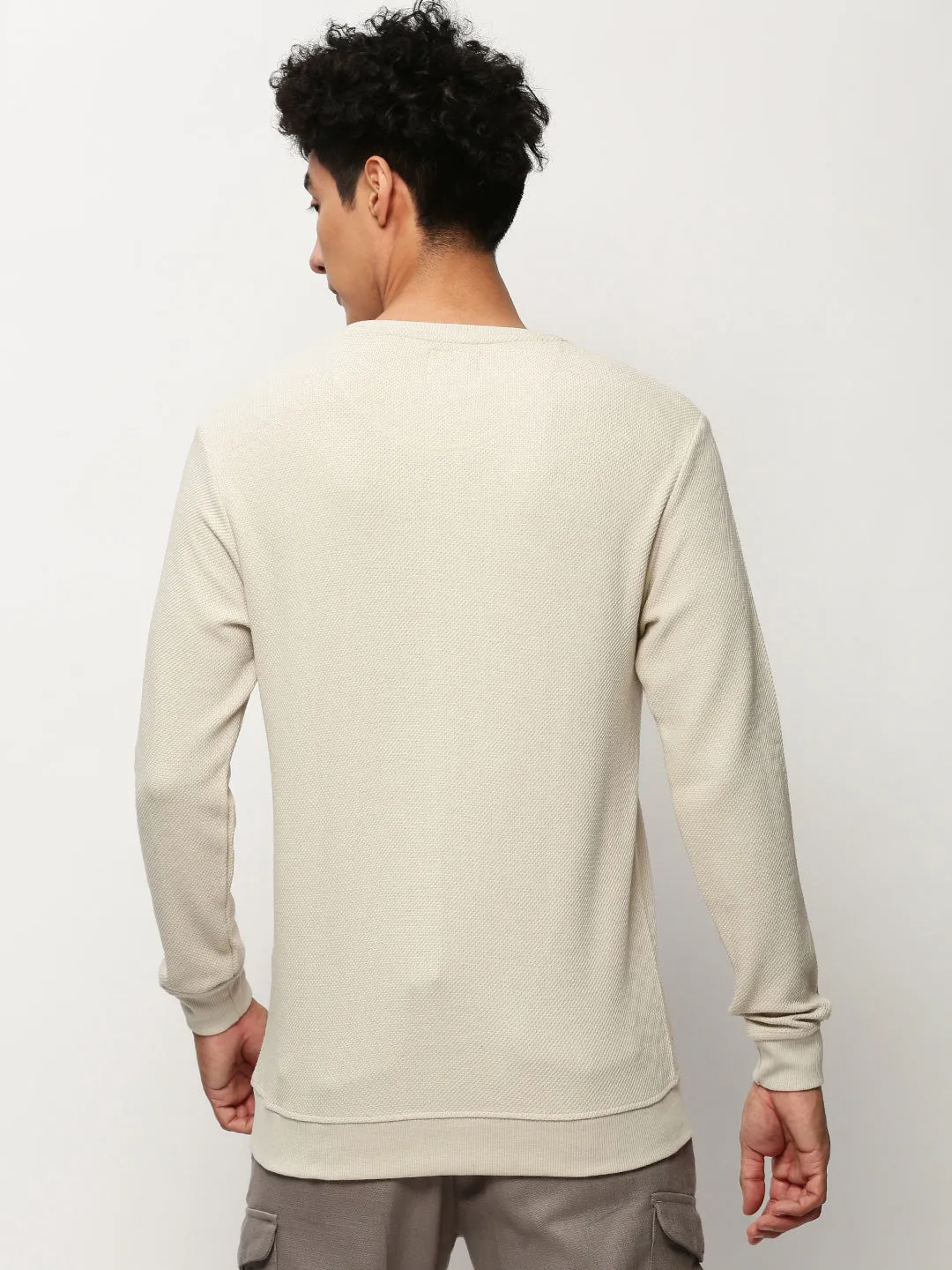Men Beige Round Neck Long Sleeves Cotton Pullover