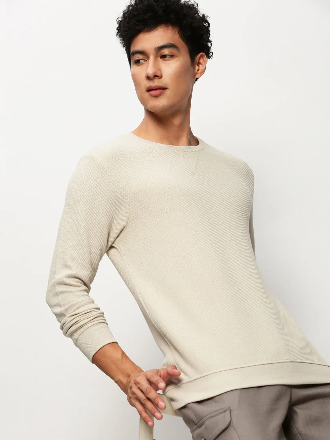 Men Beige Round Neck Long Sleeves Cotton Pullover