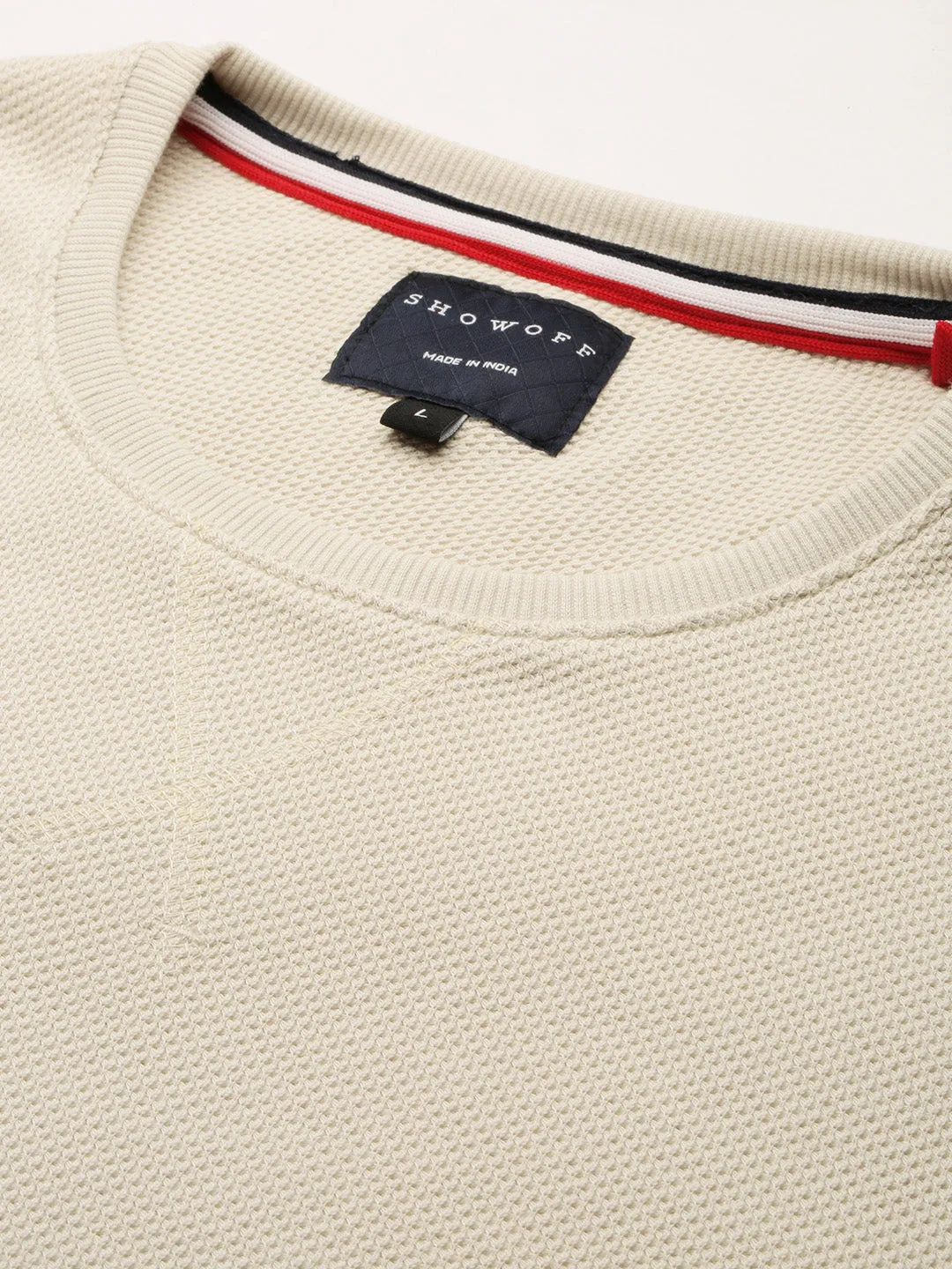 Men Beige Round Neck Long Sleeves Cotton Pullover